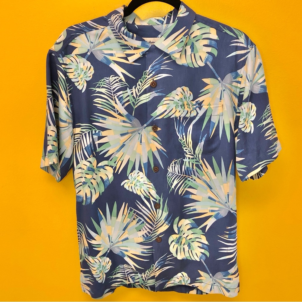 Tommy Bahama 100% Silk Blue Tropical Leaf Short Sleeve Collared Shirt Small